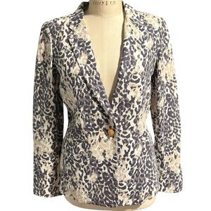 Joie Women's Animal Print Linen Blend Blazer Size 4 Cream Blue Gray Work Jacket